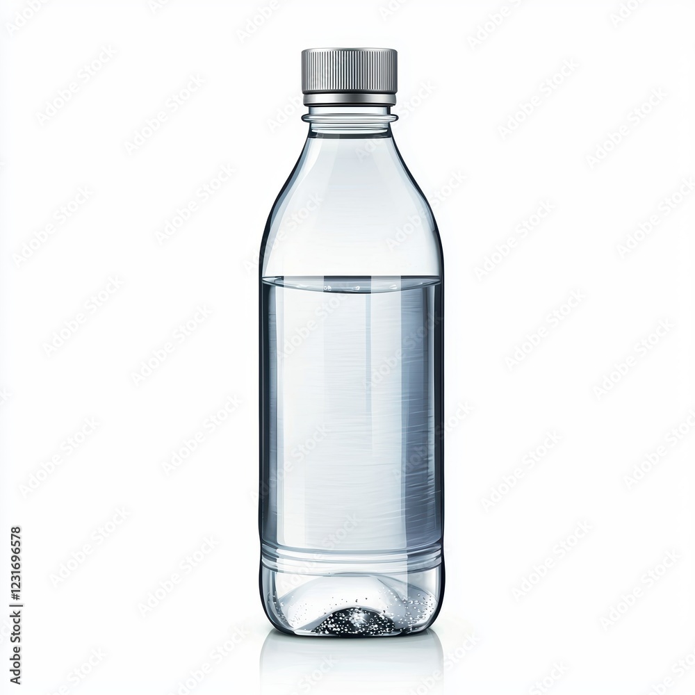 Glass bottle of mineral water with a metal cap, centered on a clean white background Glass bottle of mineral water with a metal cap, centered on a clean white background