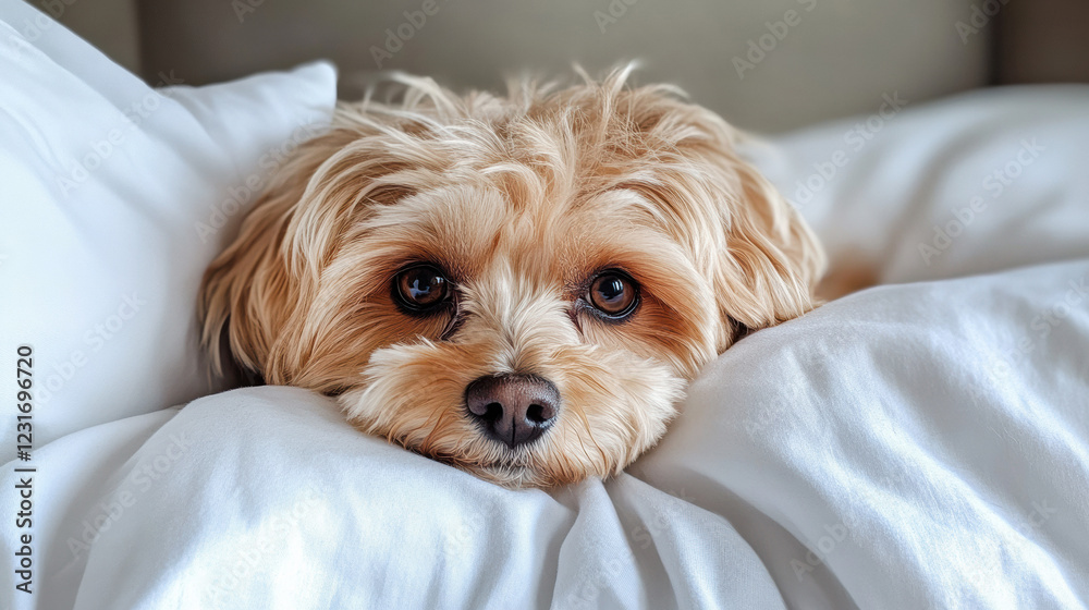 Cozy dog relaxing on soft bedding for comfortable home decor Cozy dog relaxing on soft bedding for comfortable home decor