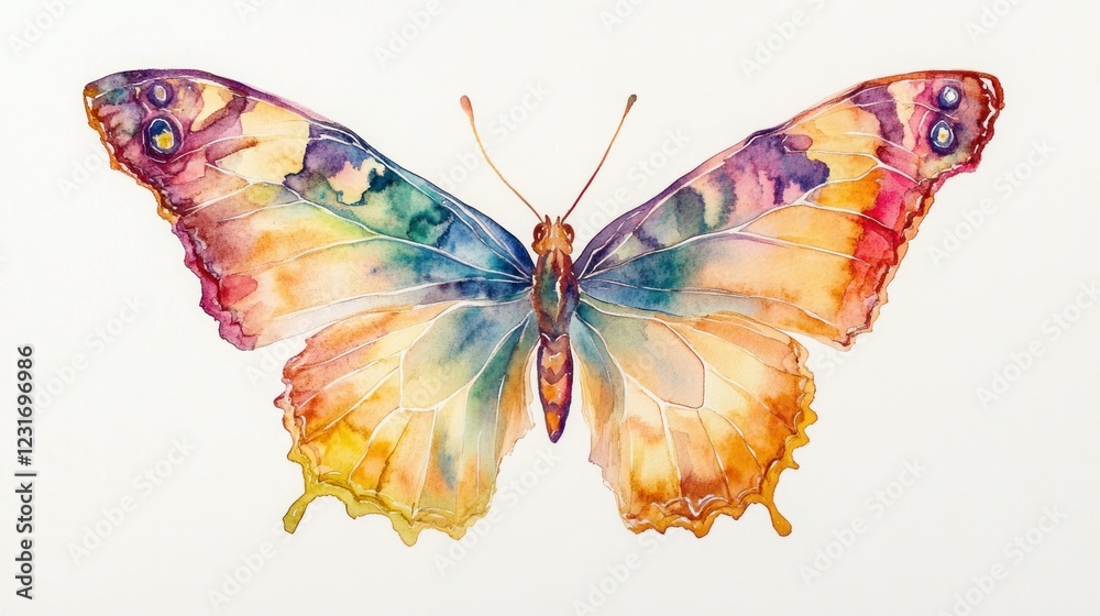 Fototapeta premium A beautiful watercolor butterfly with detailed rainbow wing patterns, set on a crisp, pure white background.