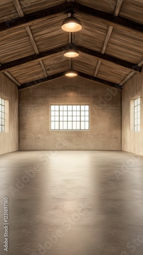 Wallpaper Mural A spacious, minimalist interior featuring high ceilings, wooden beams, and large windows, creating a bright and open atmosphere. Torontodigital.ca