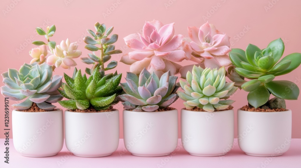 Succulent plants arrangement on pastel colored background. Potted succulent house plants. Flat lay, top view, copy space