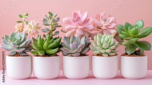 Obraz na płótnie Succulent plants arrangement on pastel colored background. Potted succulent house plants. Flat lay, top view, copy space w salonie