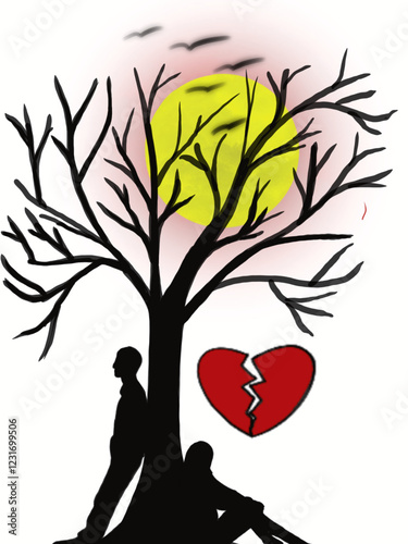 A solitary couple, silhouetted against a twilight sky, sits beneath a bare, leafless tree, their postures conveying a sense of profound sadness and heartbreak.