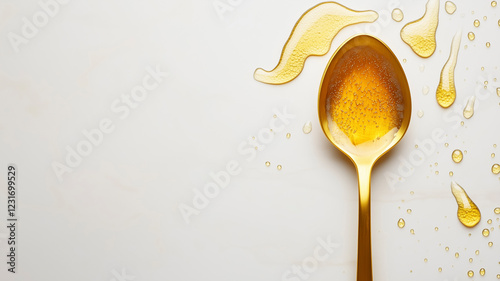 Luxury teaspoon photographed in white space with dripping high-gloss honey textures detailed sharply.