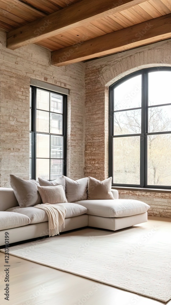 Fototapeta premium Rustic charm in cozy converted warehouse loft urban setting interior design warm environment inviting viewpoint