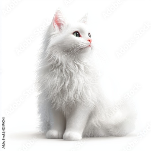 Turkish Angora cat with silky white fur and a graceful appearance, centered on a clean white background