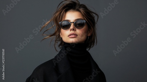 Woman in black turtleneck and sunglasses. Suitable for fashion editorial and modern style content.