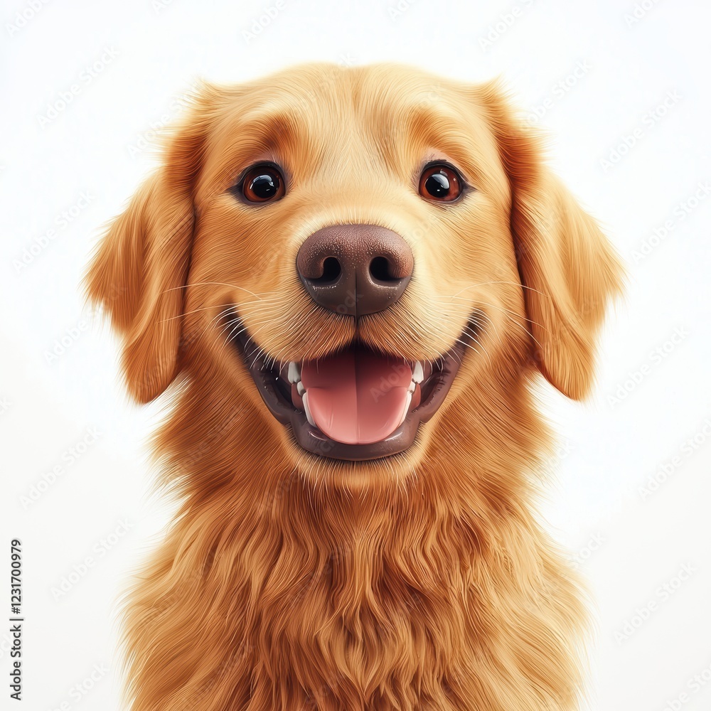 Golden Retriever with a shiny golden coat and a friendly smile, centered on a clean white background Golden Retriever with a shiny golden coat and a friendly smile, centered on a clean white background