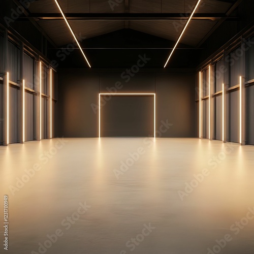 Minimalist high-tech warehouse with soft neon projection modern design interior space calm atmosphere innovative concept