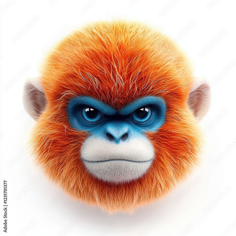Fototapeta premium Golden snub-nosed monkey with striking orange fur and blue face, centered on a clean white background