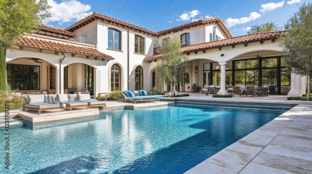 Fototapeta premium Private villa with a lavish swimming pool and cabanas, perfect for relaxation and luxury living