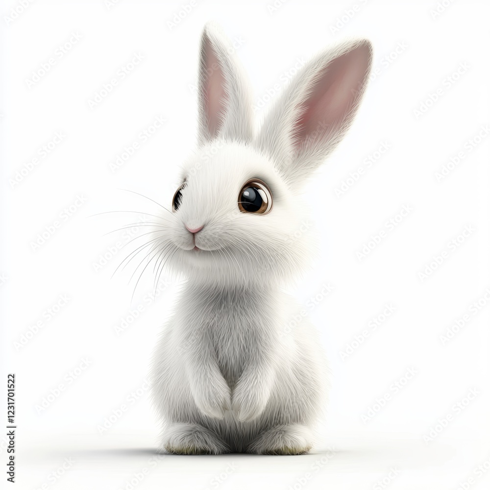 Obraz premium White fluffy rabbit with big ears, placed on a bright white background