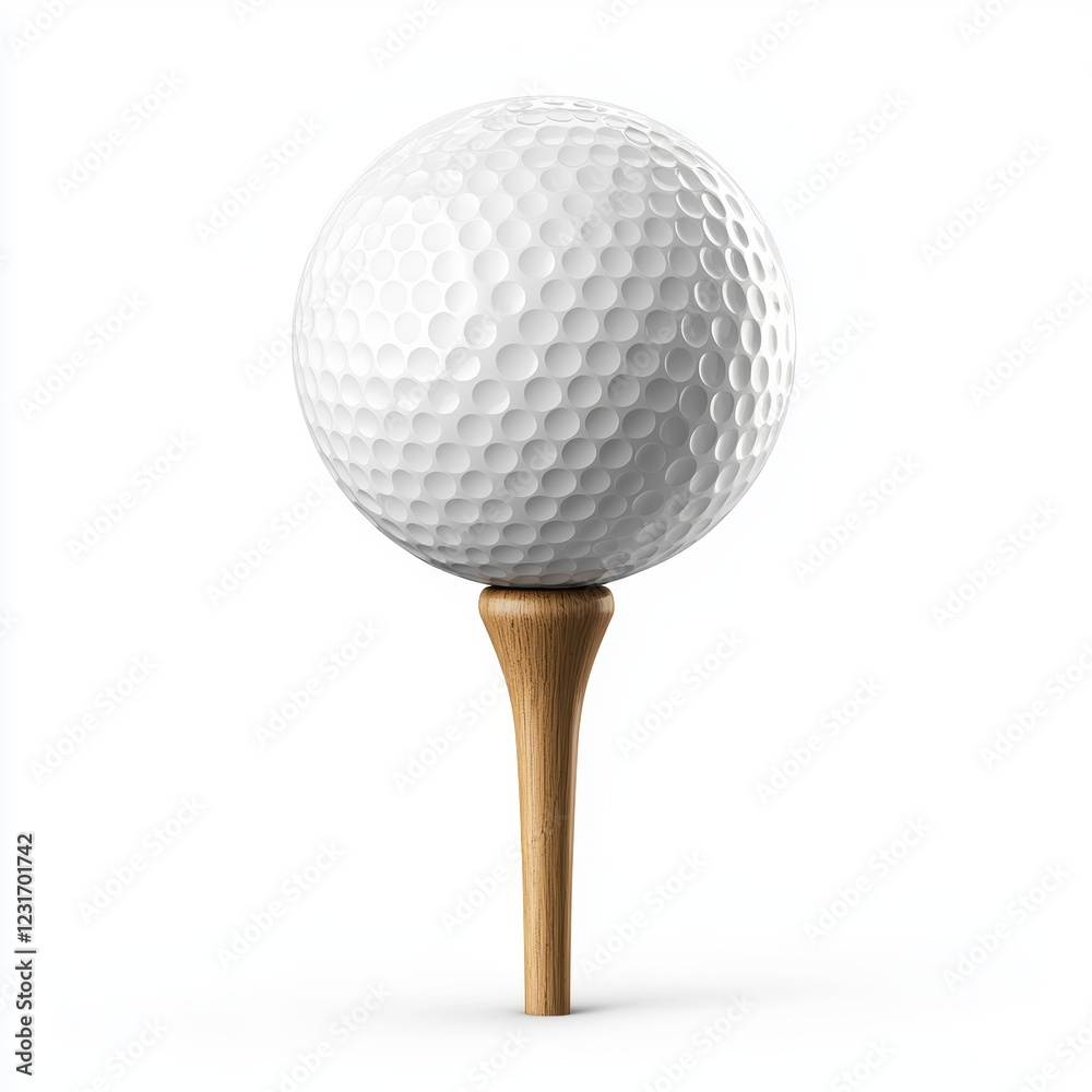 Golf ball resting on a wooden tee, ready for a swing, placed on a bright white background Golf ball resting on a wooden tee, ready for a swing, placed on a bright white background