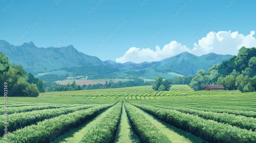 Scenic tea plantation with neat rows of bushes, set against a backdrop of distant mountains Scenic tea plantation with neat rows of bushes, set against a backdrop of distant mountains
