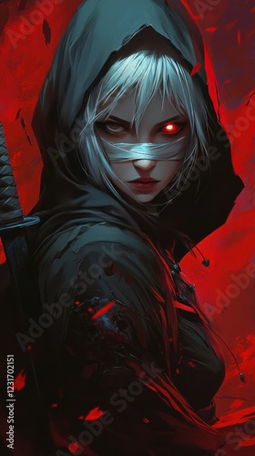 A cel-shaded female with short silver hair, bandages, one glowing eye, hooded cloak, holding a katana, amidst a saturated background.