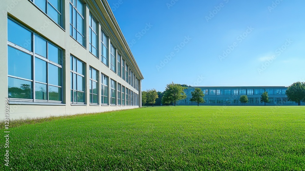 School building exterior with tall windows and a wide open lawn, featuring a clear blue sky and copy space for educational content School building exterior with tall windows and a wide open lawn, featuring a clear blue sky and copy space for educational content