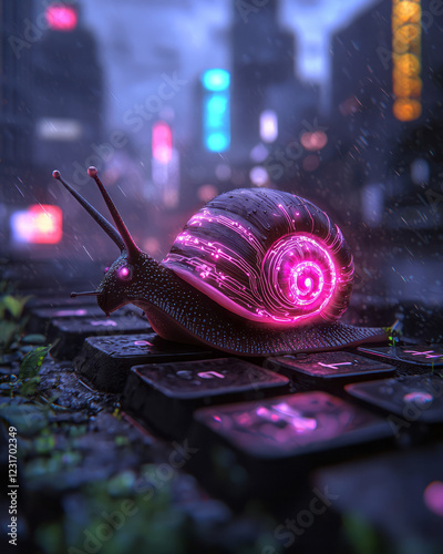 An elegant illustration blending a slowly crawling snail with a luminous circuit shell, placed on a black mechanical keyboard against a stylized neon city background,