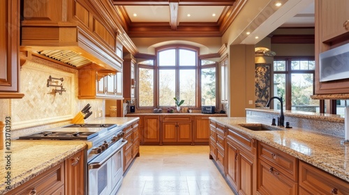 Stylish kitchen interior with integrated wooden cabinets  marble countertops  and modern decor accents