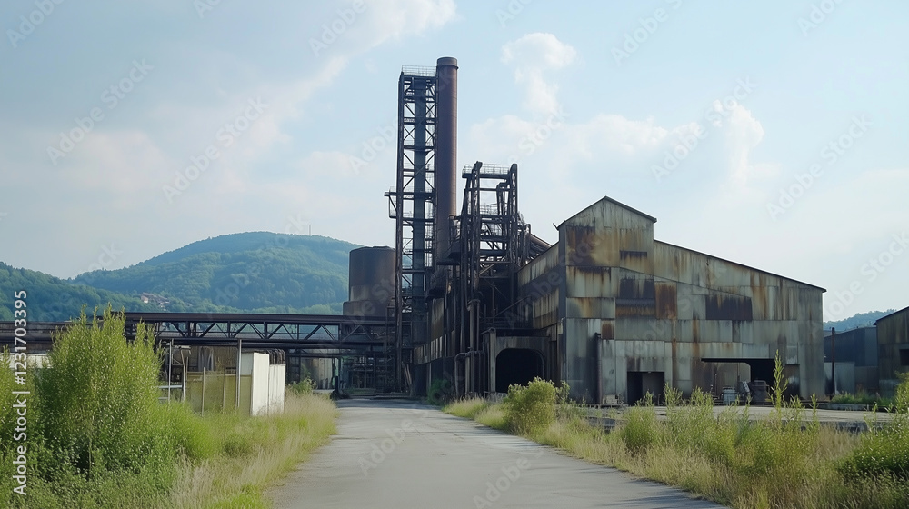 Obraz premium 日本の郊外にある古びた製鉄工場をリアルに描いたAI生成画像