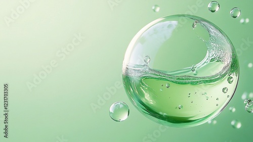 Green oil bubble with photorealistic details and a glossy finish on background soft gradient of light green tones