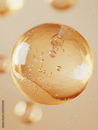 Golden oil bubble with photorealistic details and a glossy finish on background soft gradient of light beige tones