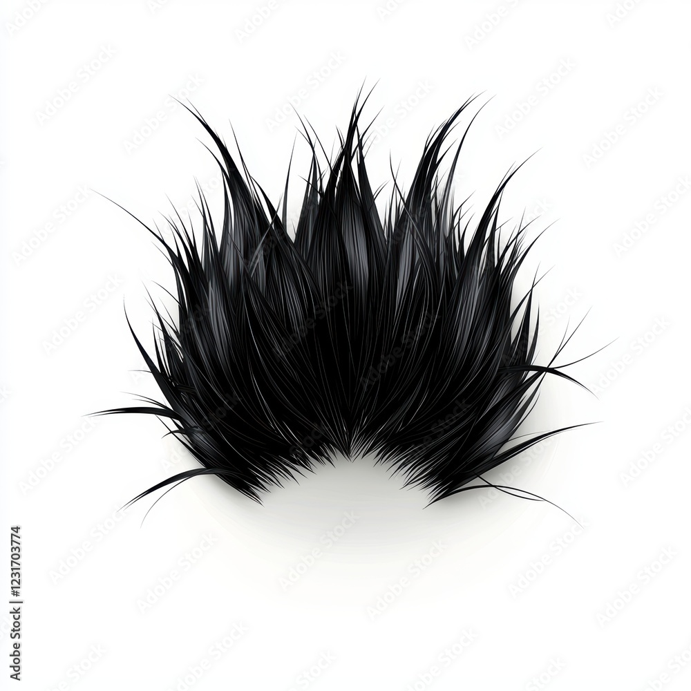 of Short spiky black hair strands with a gelled look, centered on a clean white background of Short spiky black hair strands with a gelled look, centered on a clean white background