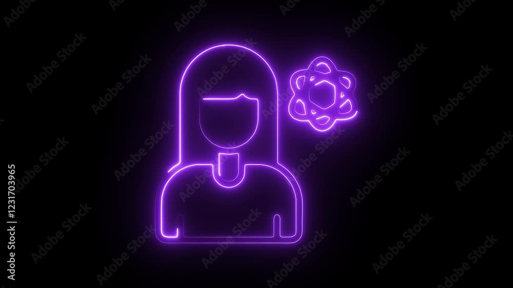 Glowing Neon Women in Science Icon, Symbol of Female Scientists and STEM Innovation, HD Video Motion Graphic Animation on Black Background Glowing Neon Women in Science Icon, Symbol of Female Scientists and STEM Innovation, HD Video Motion Graphic Animation on Black Background
