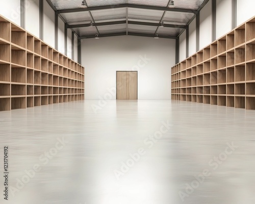 A spacious, minimalist storage room with wooden shelves lining the walls and a single door at the far end, featuring a polished concrete floor.