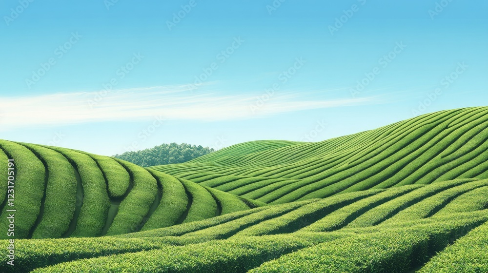 Vibrant green tea plantations with rows curving along the hillside, under clear skies Vibrant green tea plantations with rows curving along the hillside, under clear skies