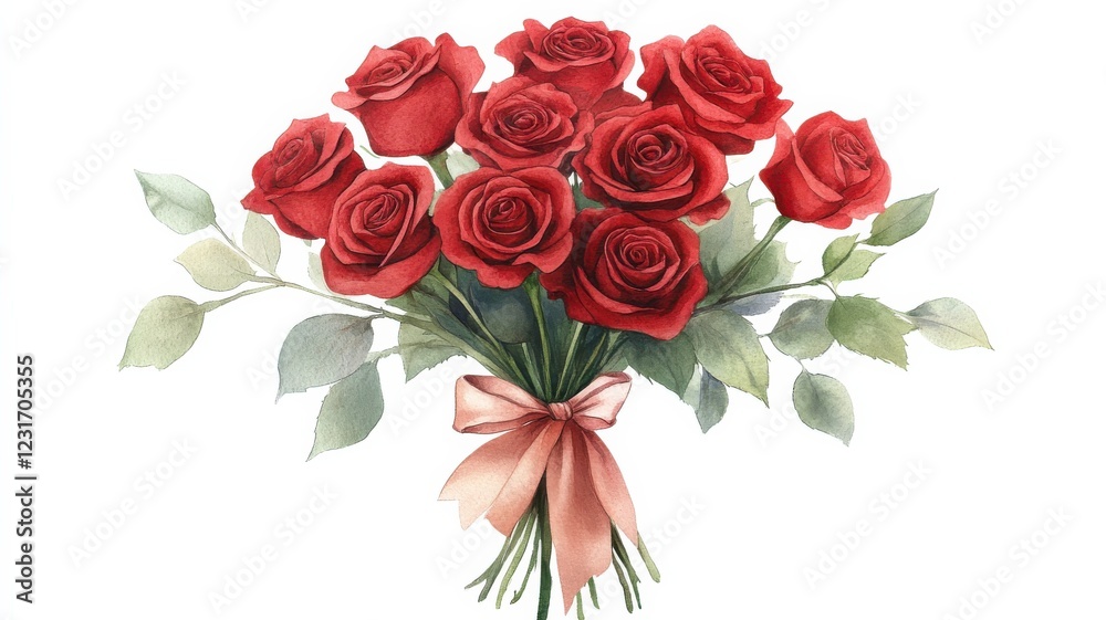 Obraz premium A vibrant bouquet of red roses tied with a ribbon, symbolizing love and romance, perfect for special occasions.