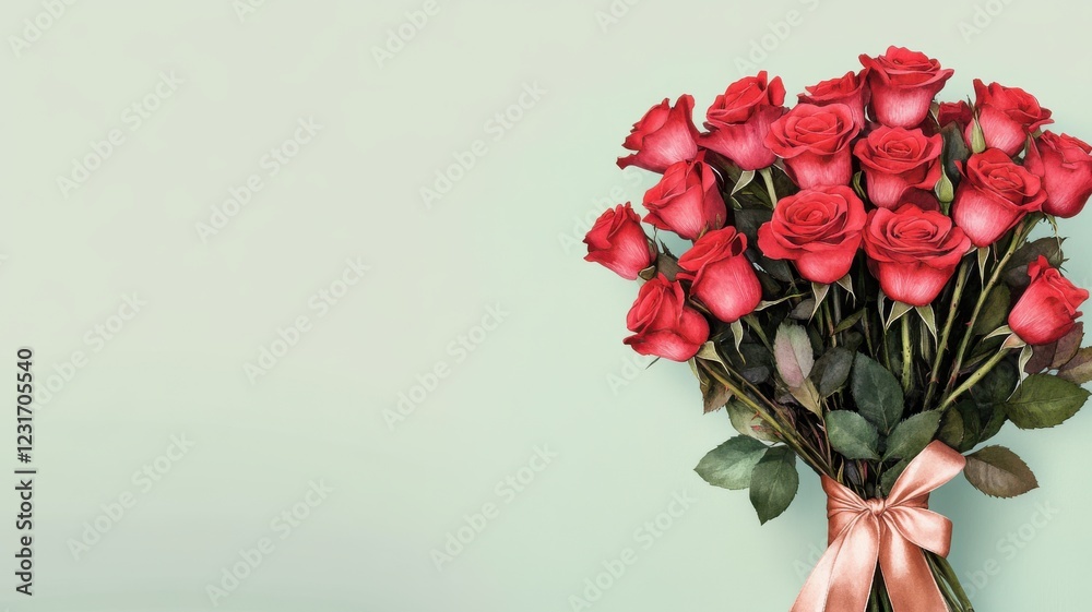 A vibrant bouquet of red roses tied with a ribbon against a soft green background, perfect for expressing love and affection. A vibrant bouquet of red roses tied with a ribbon against a soft green background, perfect for expressing love and affection.
