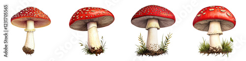 Closeup view of several different species of colorful spotted red cap mushrooms growing in a natural forest setting with autumn leaves and vegetation  Concept of fungi ecology
