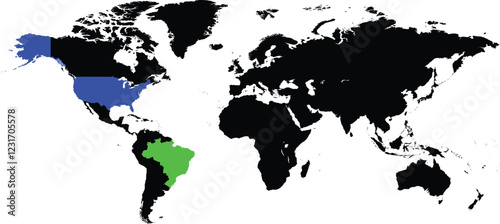 Brazil and United States maps on a global map vector