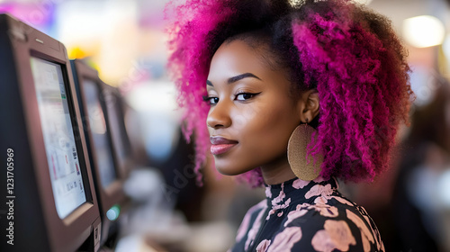 Photo - Woman with Pink Hair Using Self-Checkout Kiosk photo