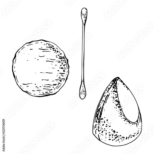 Make-up cotton pad swab q-tip stick sponge tampon, dermatology exfoliation purifying. Isolated object line vector sketch, ink hand drawn. Beauty parlor salon illustration, packaging, cosmetics shop