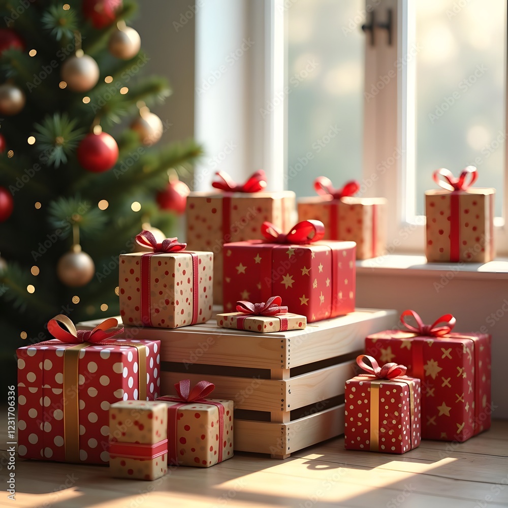 Obraz premium Redefining Gift Giving Modern Holiday Presents on Wooden Crate