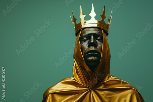 A regal male figure draped in gold fabric wearing a golden crown, exuding power and authority against a muted green background. Crowned in Royalty and Power, A Sovereign’s Glory photo