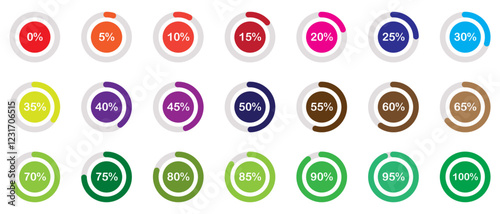 Set of circle percentage diagrams. Circular progress bar infographic with percentage indicators from 0 to 100 in various colors. Loading indicator. Progress bar. Download process.