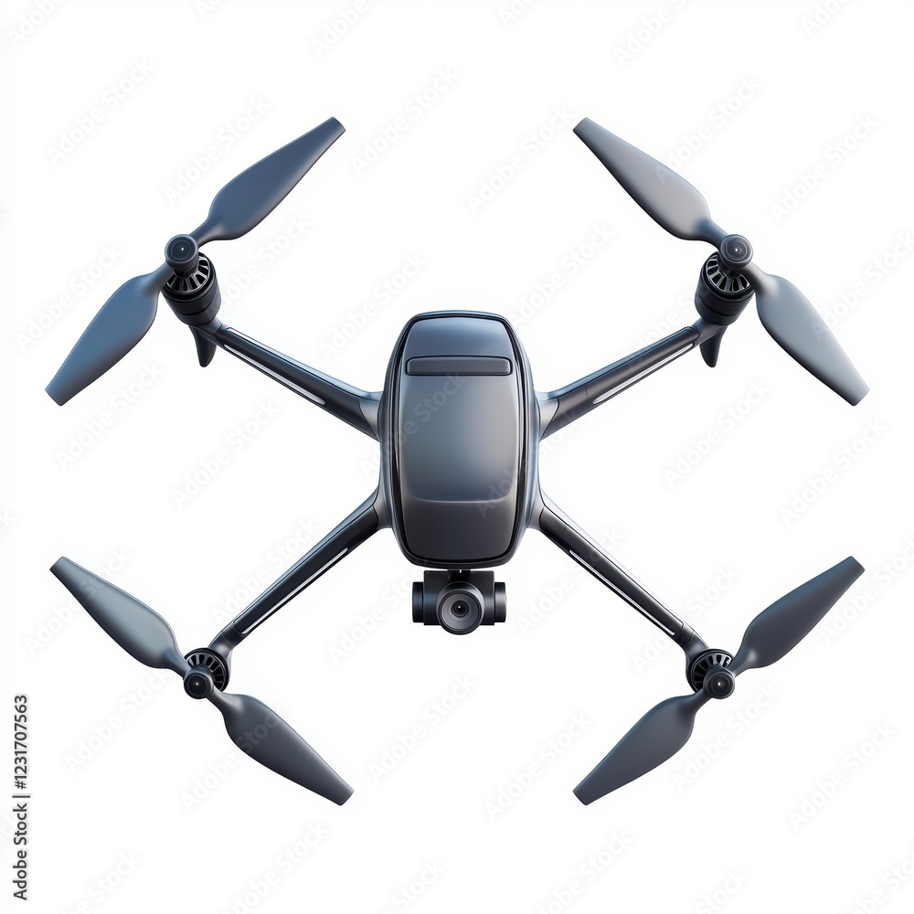 High-tech drone with a built-in 4K camera, isolated on a clean white background High-tech drone with a built-in 4K camera, isolated on a clean white background