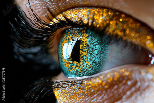 An engaging concept shot merging a human iris with a semi-transparent overlay of alphanumeric script in bright aqua and honey-yellow,