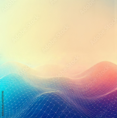 Abstract futuristic rainbow, gradient, pastel plexus background with connecting points and lines. Science, technology, business, space concept. Plexus design digital wallpaper. Copy space.