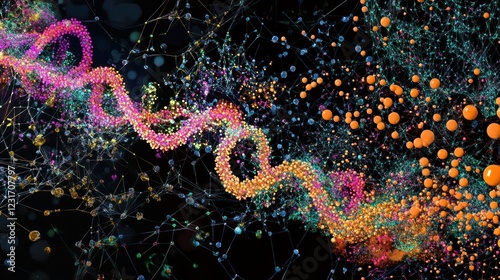 A digital visualization of biotech elements, combining double helix DNA strands and interconnected molecular networks with data graphs.