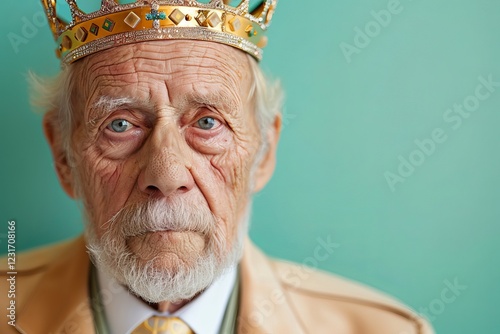 Elderly man with a kingly crown and dignified expression, exuding wisdom and charm against a vibrant teal background. Crowned in Royalty and Power, A Sovereign’s Glory photo