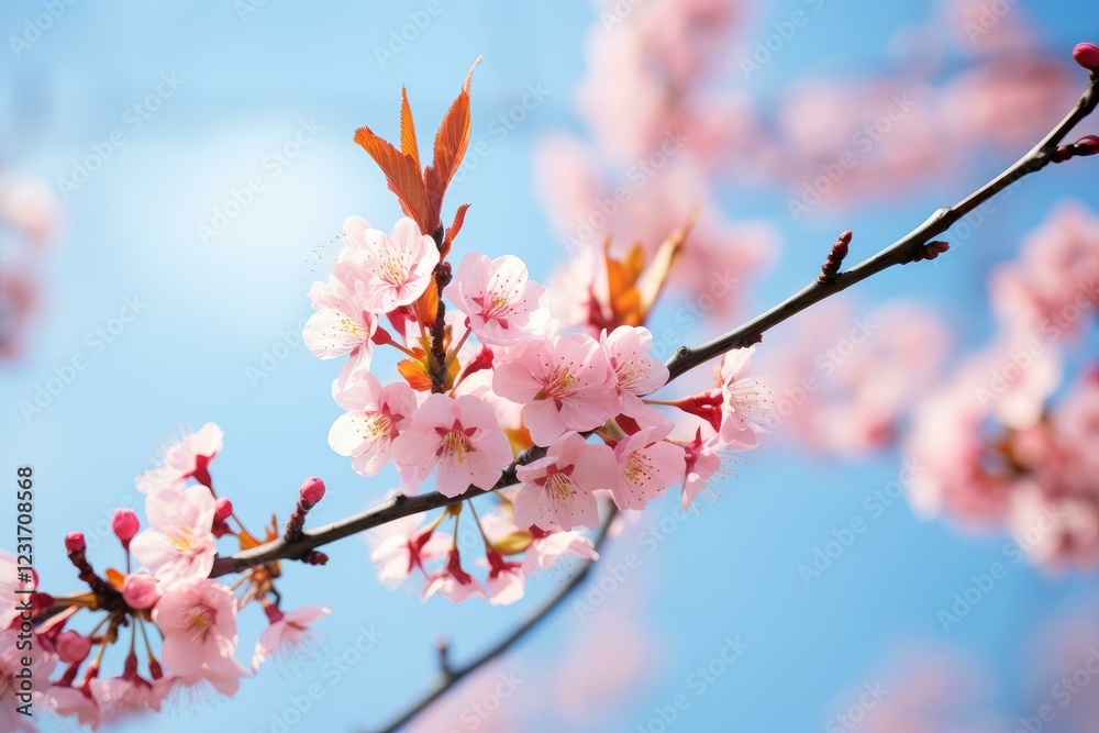 Beautiful pink cherry blossom flowers blooming on a branch against a clear blue sky, celebrating the arrival of spring Beautiful pink cherry blossom flowers blooming on a branch against a clear blue sky, celebrating the arrival of spring