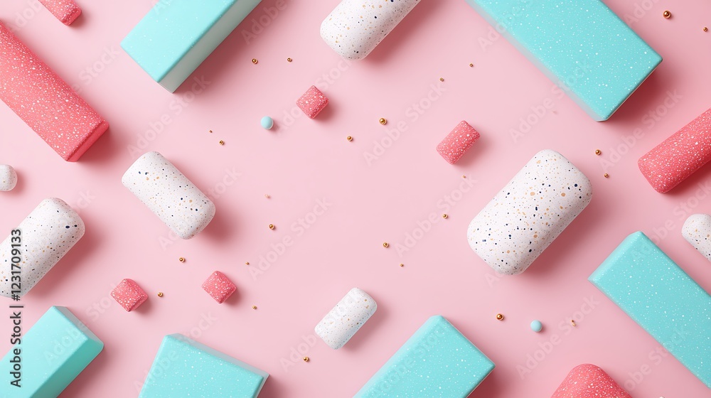 Colorful Geometric Shapes With Texture On Soft Pink Background For Creative Design Projects And Visual Arts Colorful Geometric Shapes With Texture On Soft Pink Background For Creative Design Projects And Visual Arts
