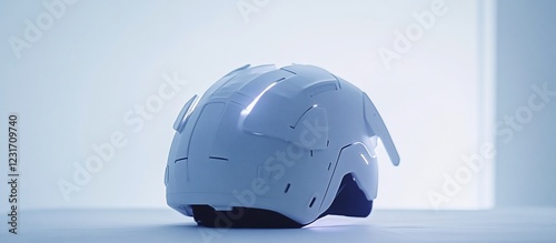 Futuristic helmet rests in a bright room photo