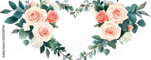 A heart-shaped arrangement of soft pink roses and green leaves, creating a romantic and elegant floral design.