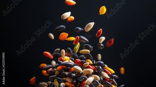 Colorful seeds exploding against black background, food photography photo