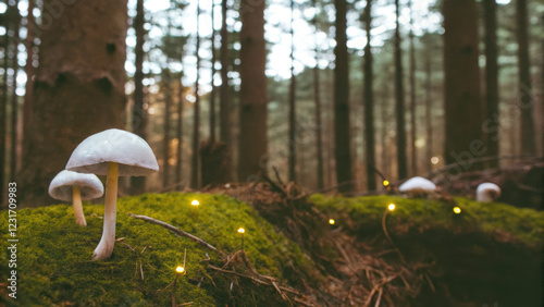 serene forest scene featuring glowing mushrooms on lush moss, surrounded by tall trees. enchanting atmosphere invites wonder and tranquility photo