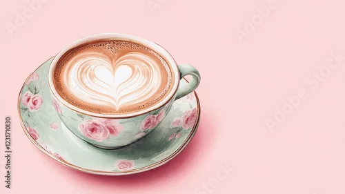 Fototapeta na wymiar A pastel pink background features a delicate floral cup filled with latte art shaped like a heart.